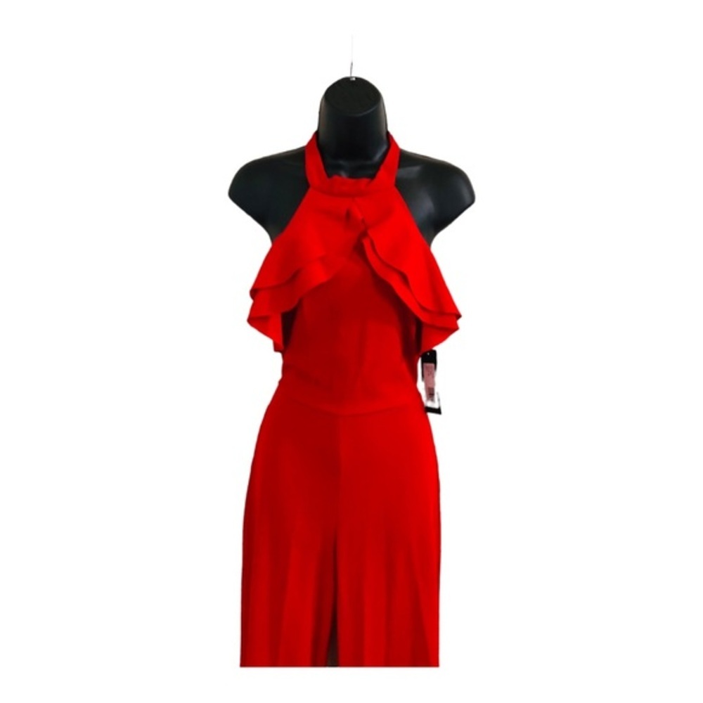 Bebe red Ruffle front belted sleeveless open back‎ Halter Jumpsuit size 2 new - Picture 10 of 15